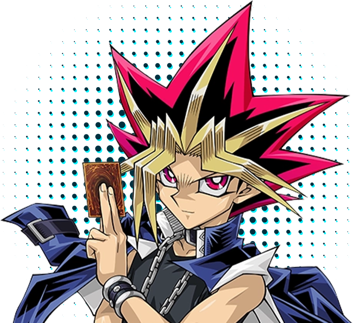 Yugi Muto holding a trading card.